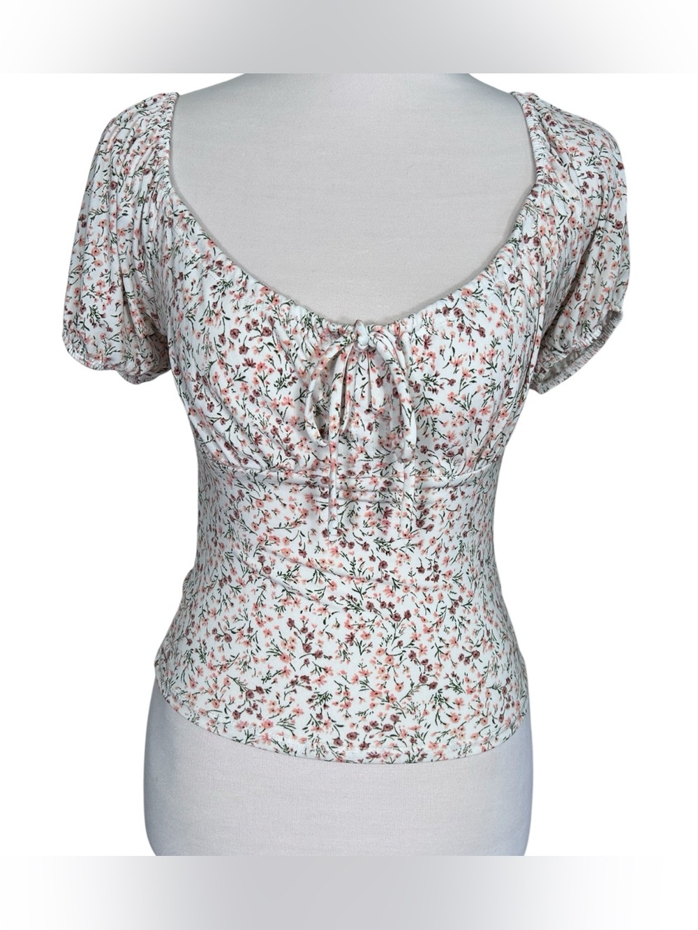 Ambiance Floral Milkmaid Top Women’s S Ivory Pink Tie Front Puff Sleeve Coquette